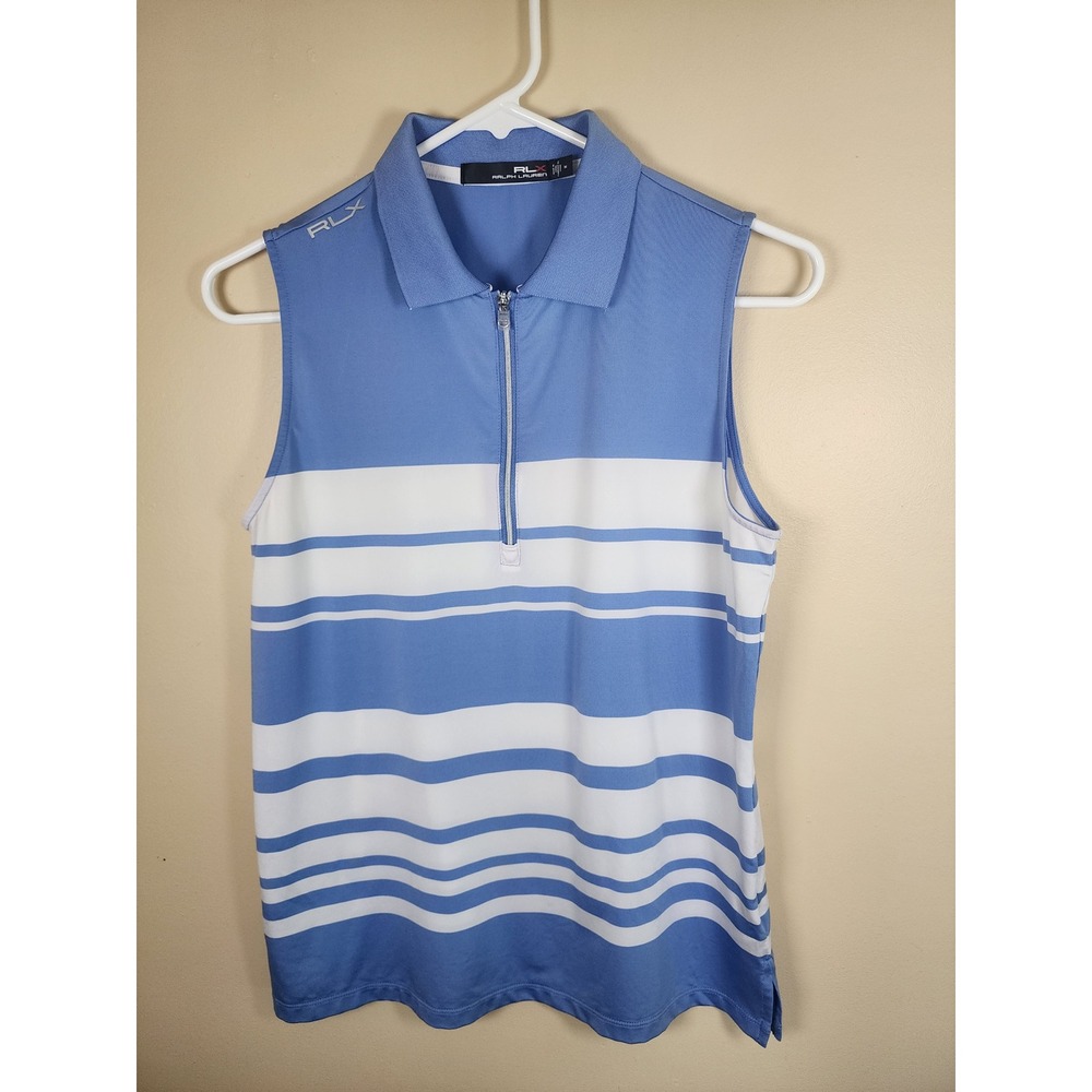 RLX Ralph Lauren Women's Blue White Stripe Sleeveless Golf Polo Tank Zip Sz M